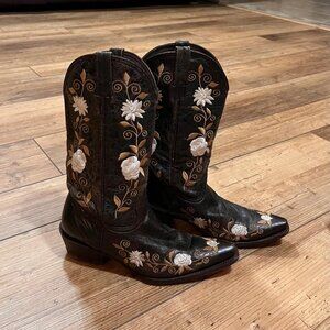 PECOS BILL Women's Cowboy Boots Sz 6.5 Brown with White Floral Embroidered NICE!